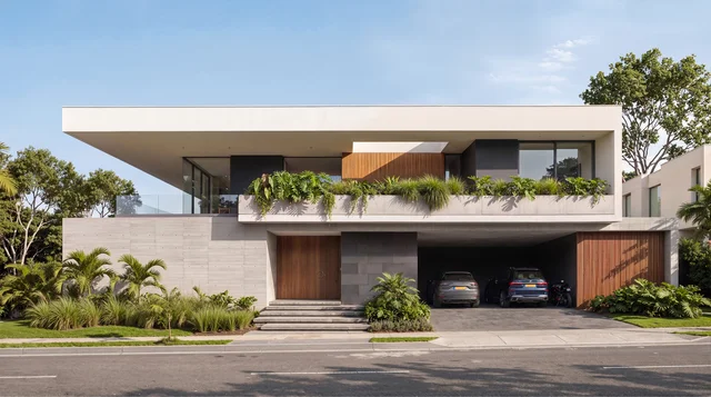 Casa contemporánea con balcón lineal ajardinado, basamento en piedra, detalles en madera y doble acceso vehicular.