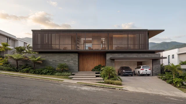 Casa contemporánea con segundo nivel revestido por una celosía de madera, basamento oscuro en piedra y acceso sobre una vía en pendiente.