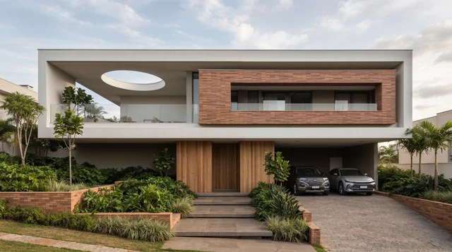 Casa contemporánea con volumen superior en ladrillo, óculo en la cubierta, acceso principal en madera y jardín frontal estructurado.