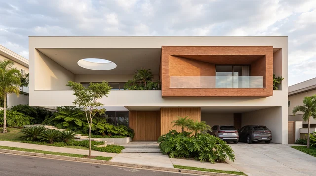 Casa contemporánea de dos niveles con volumen superior en ladrillo, apertura circular en la cubierta, marco blanco y jardín frontal.