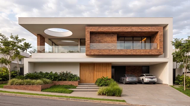 Casa contemporánea con volumen superior en ladrillo, apertura circular en la cubierta, gran marco blanco y garaje lateral.
