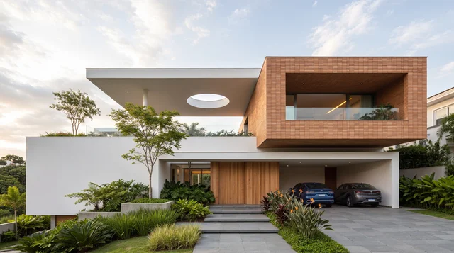 Casa contemporánea con volumen de ladrillo en voladizo, apertura circular en la cubierta, acceso en madera y jardín escalonado.