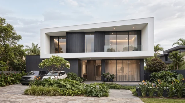 Casa contemporánea con gran marco blanco, volumen oscuro en el segundo nivel, ventanales amplios y vegetación frontal integrada.