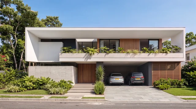 Casa minimalista con balcón ajardinado continuo, fachada clara, basamento en piedra, madera y doble garaje.