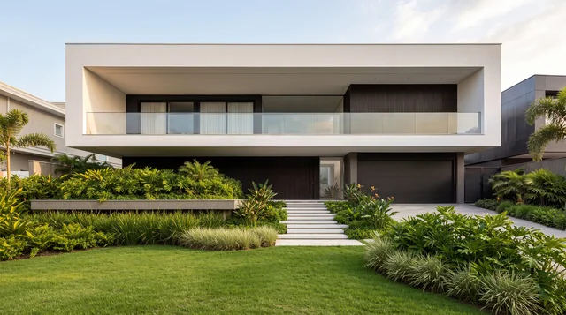 Casa minimalista con gran marco blanco, franja horizontal oscura, escalinata central y jardín frontal amplio.