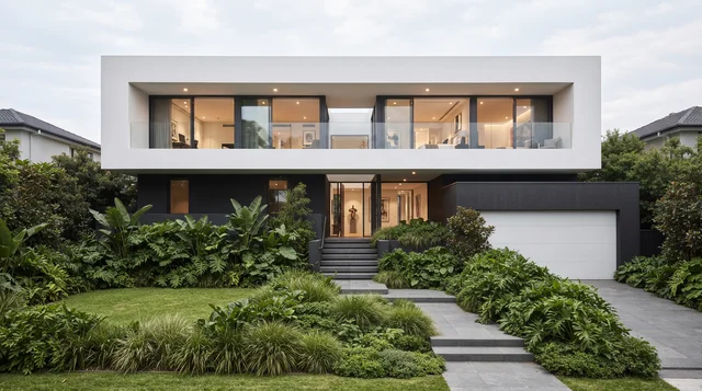 Casa minimalista de dos niveles con gran marco blanco, ventanales horizontales, acceso central y jardín frontal abundante.