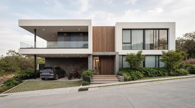 Casa moderna de dos niveles con volumen central revestido en madera, balcón cubierto, ventanales amplios y acceso en pendiente.