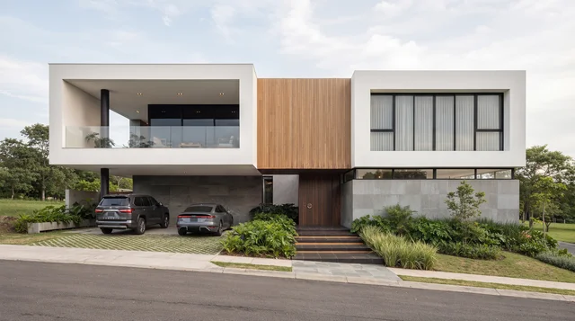 Casa moderna de volúmenes blancos con pieza central en madera, basamento en piedra, grandes ventanas y acceso principal central.