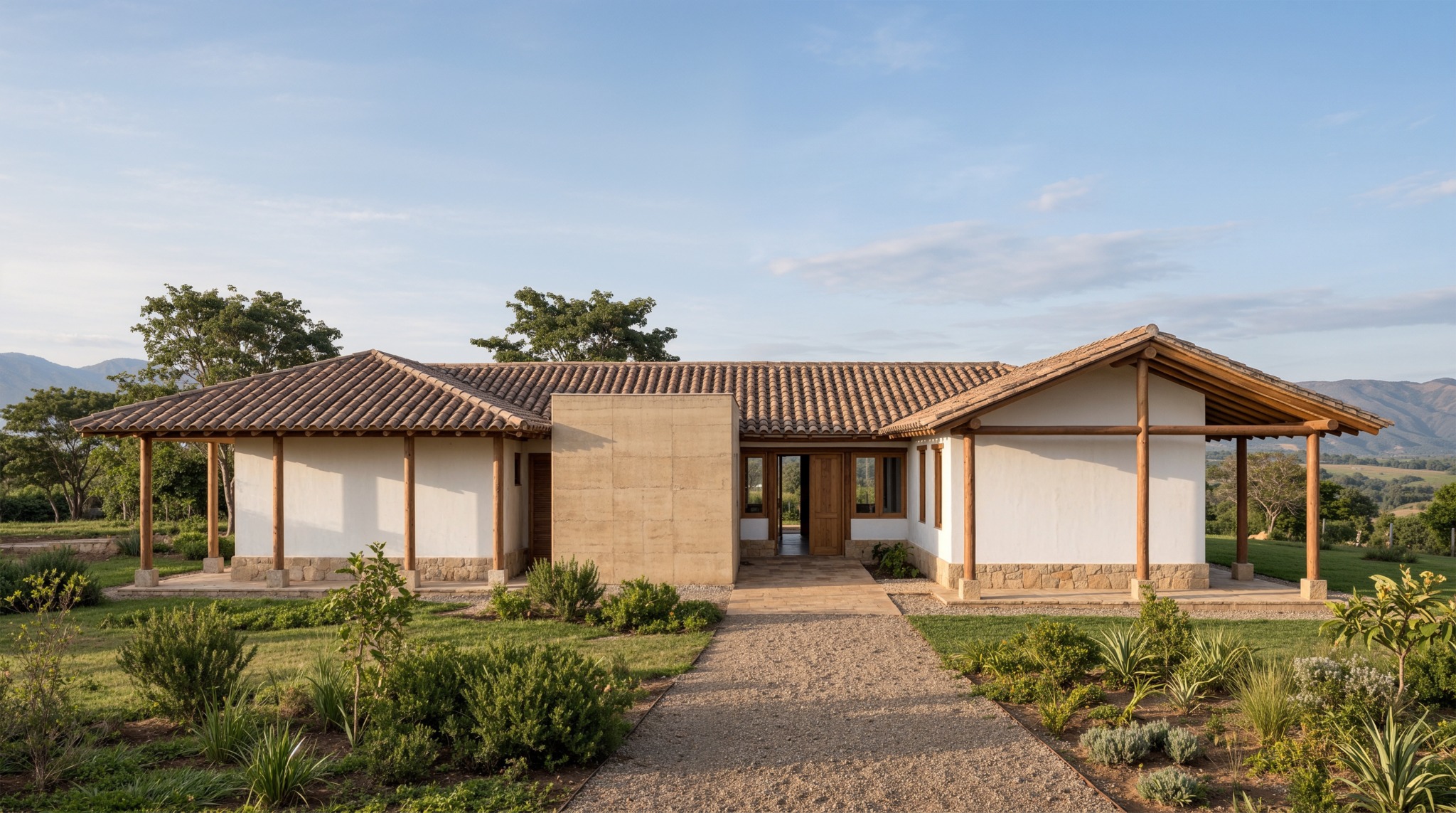 Arquitectura rural de muros de tierra y estructura de madera abierta hacia un patio y el paisaje.