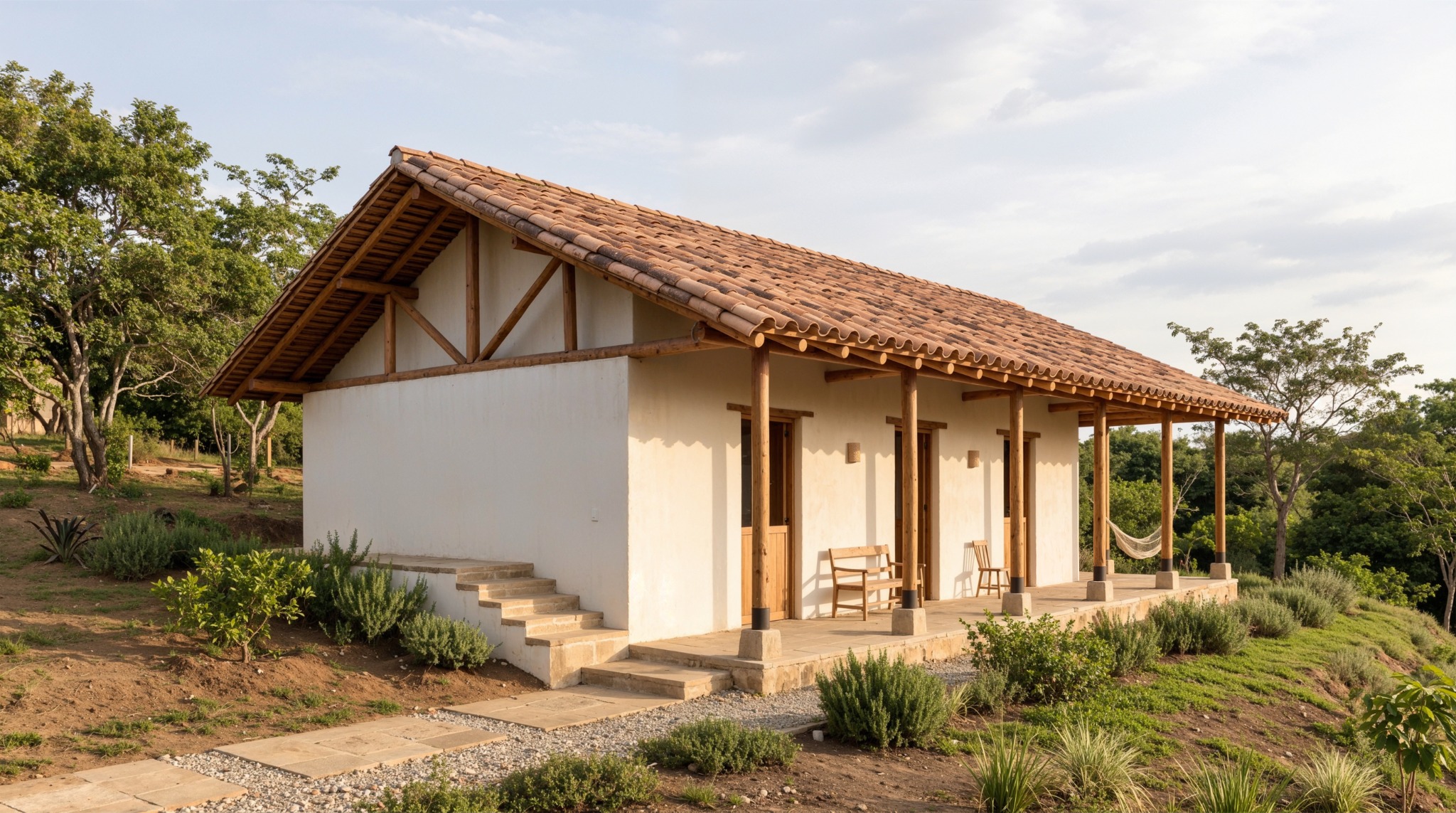 Casa campestre con galería continua, corredores abiertos, pilares de madera y cubierta de teja.