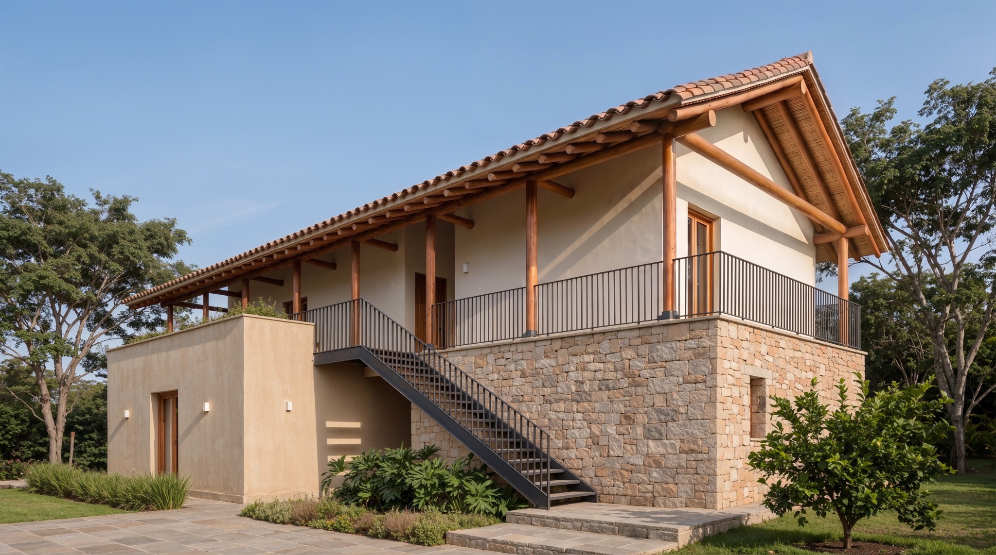 Casa campestre elevada con basamento de piedra, escalera metálica, corredor de madera y gran cubierta de teja.