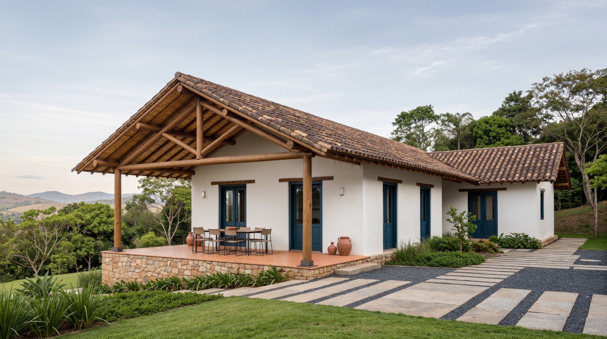 Casa campestre de muros blancos, basamento de piedra, cubierta de teja y estructura de madera con terraza exterior.
