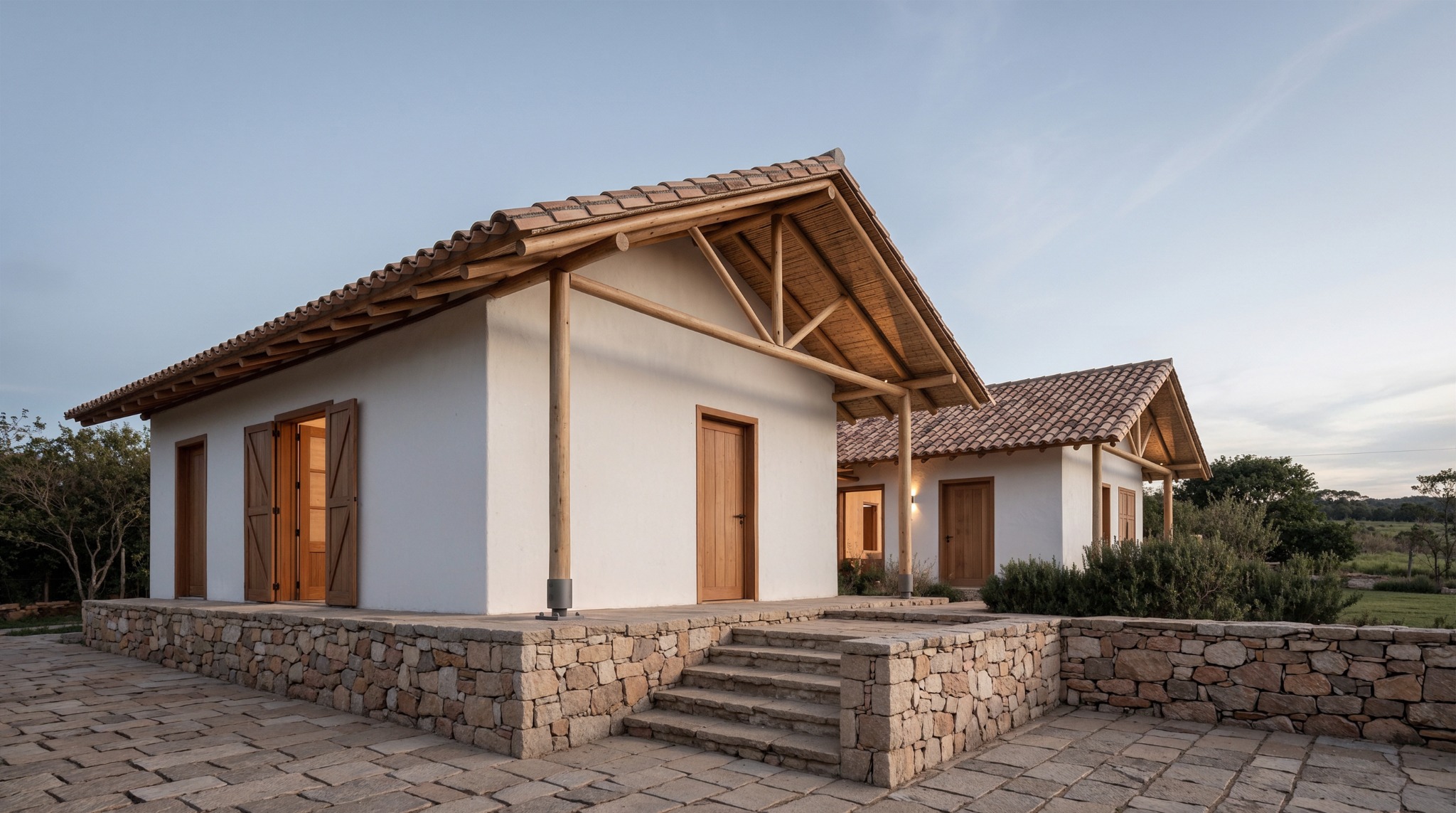 Casa rural de muros blancos sobre plataforma y basamento de piedra, con escalera central, estructura de madera y cubiertas de teja.
