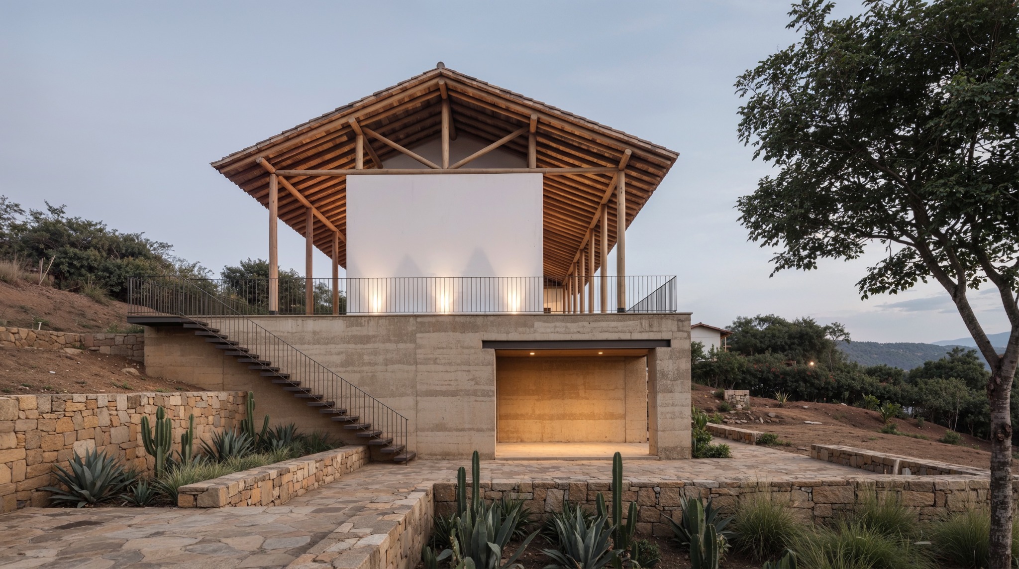 Casa rural con gran cubierta de madera sobre basamento de tierra y piedra, escalera exterior y vegetación de clima seco.