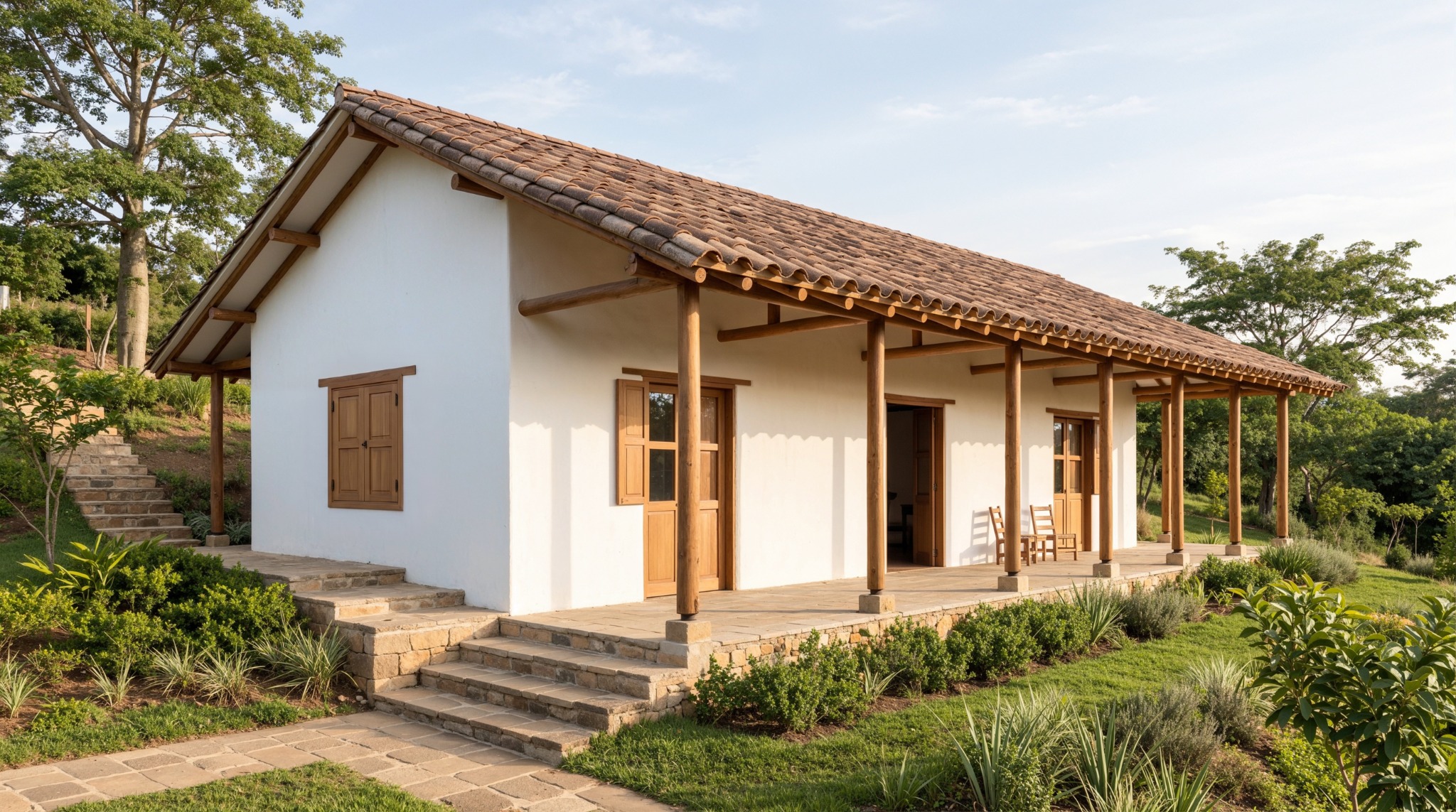 Casa rural con corredor cubierto, cubierta de teja, estructura de madera y jardín lateral.