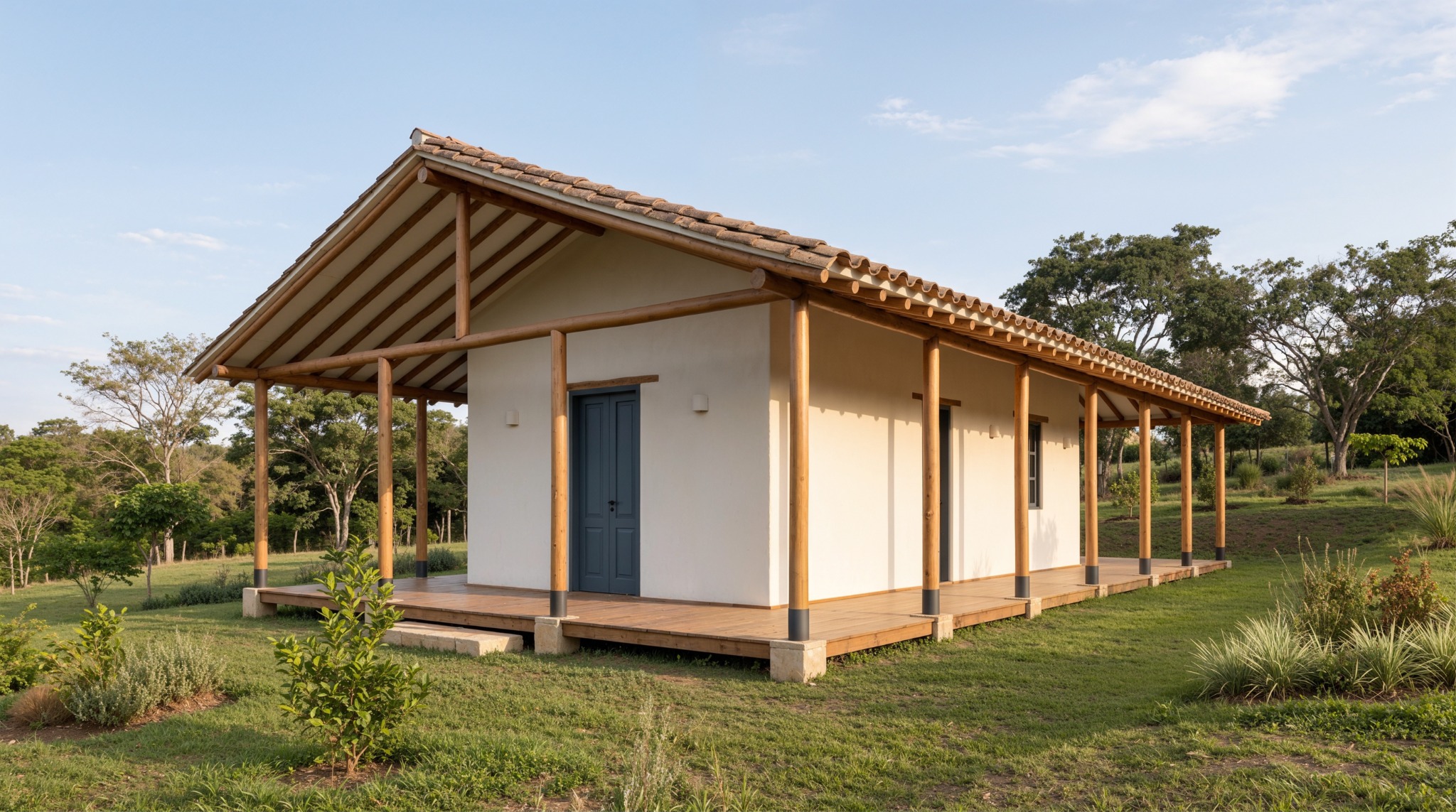 Casa rural de muros blancos con corredor perimetral de madera, puerta azul y cubierta de teja en un paisaje abierto.