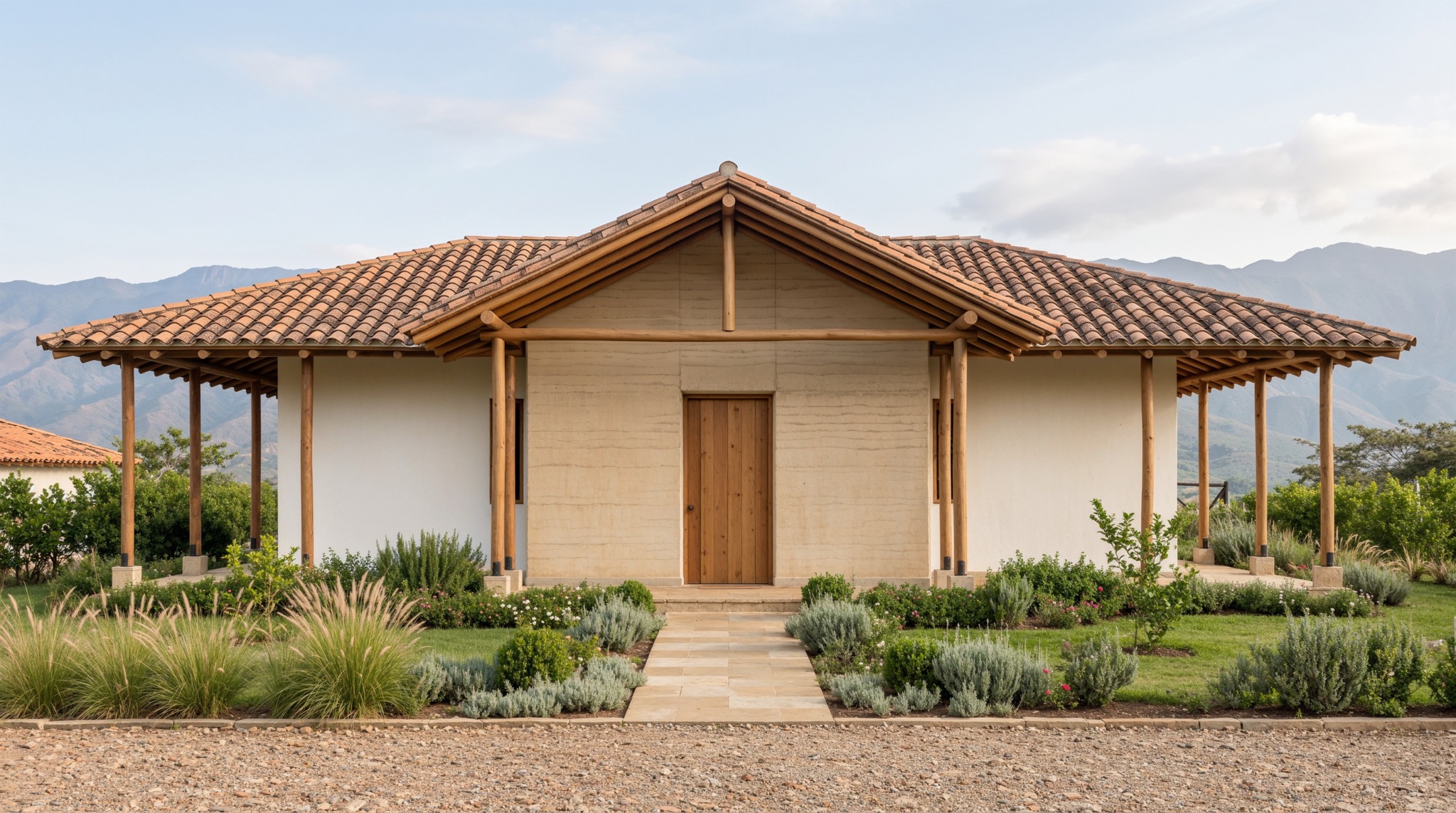 Fachada frontal simétrica de casa rural con cuerpo central de tierra, corredores de madera, cubierta de teja y jardín frente a la montaña.