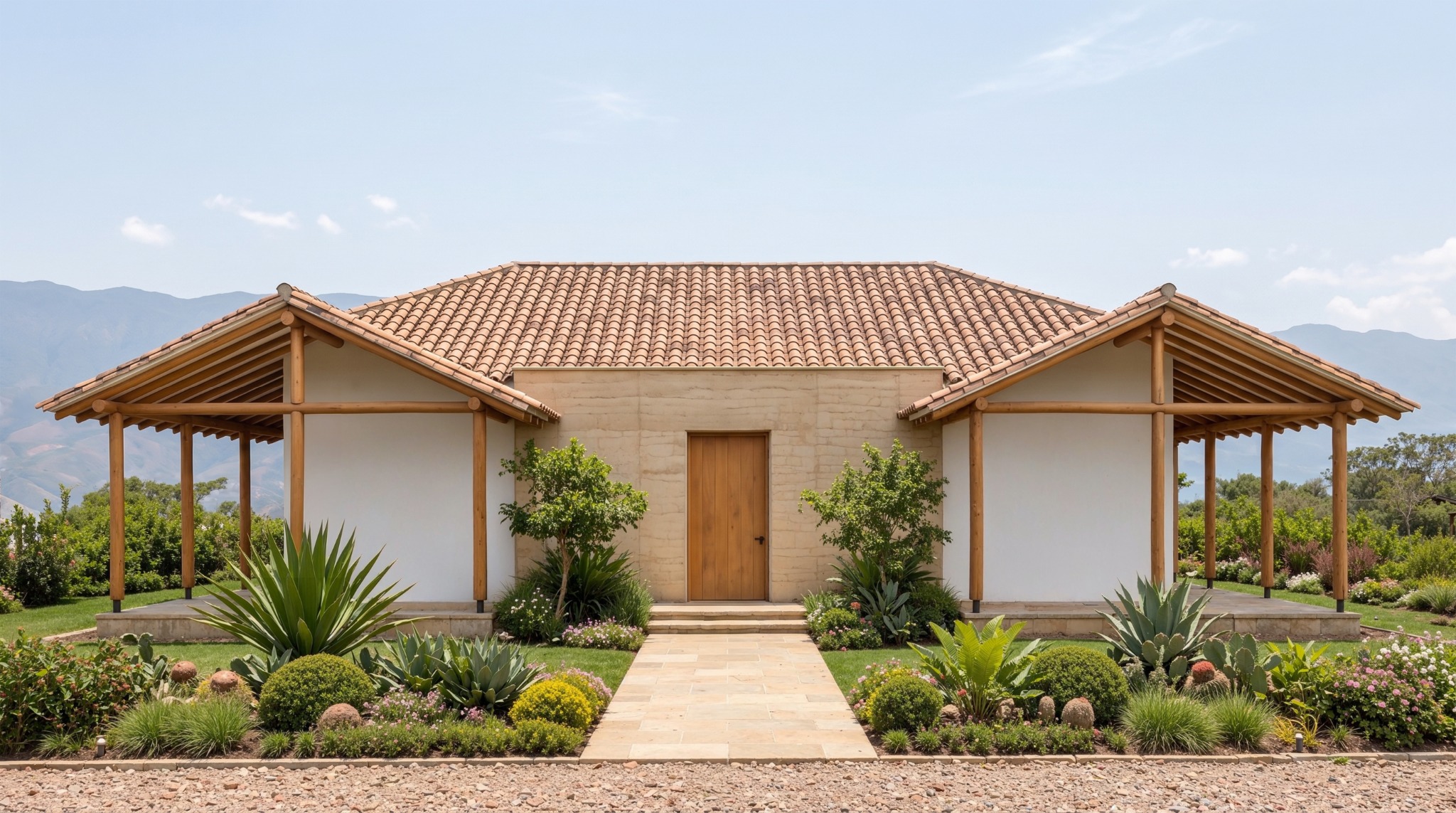 Casa rural frontal con jardín de agaves y flores, corredores de madera, cuerpo central de tierra y cubierta de teja.