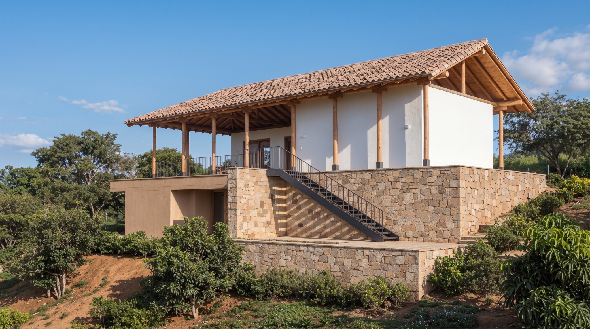 Casa rural implantada en ladera con basamento de piedra, terraza elevada, estructura de madera y cubierta de teja.