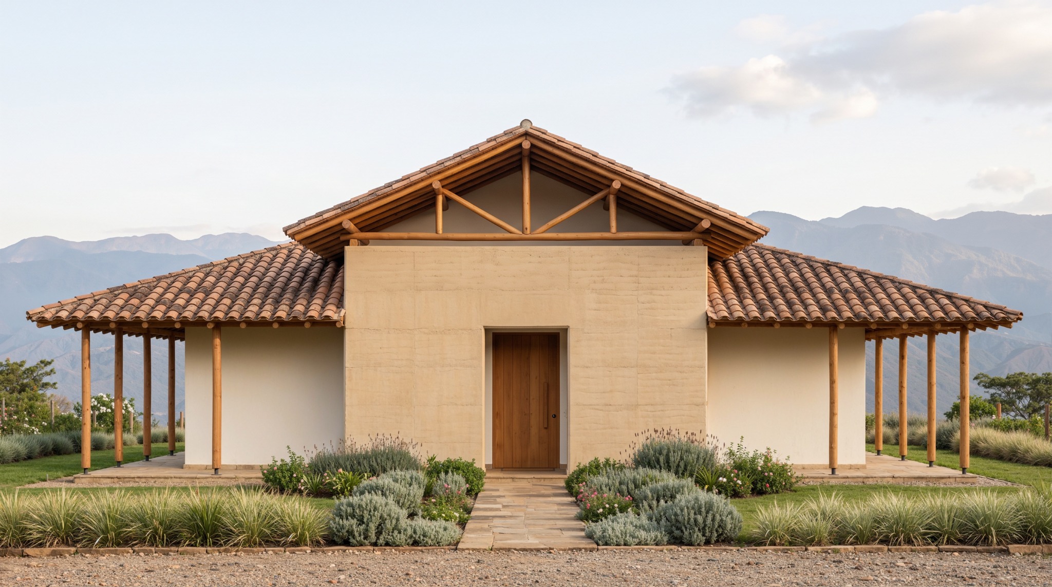 Fachada frontal de casa rural con masa central de tierra, corredores de madera y cubierta de teja.