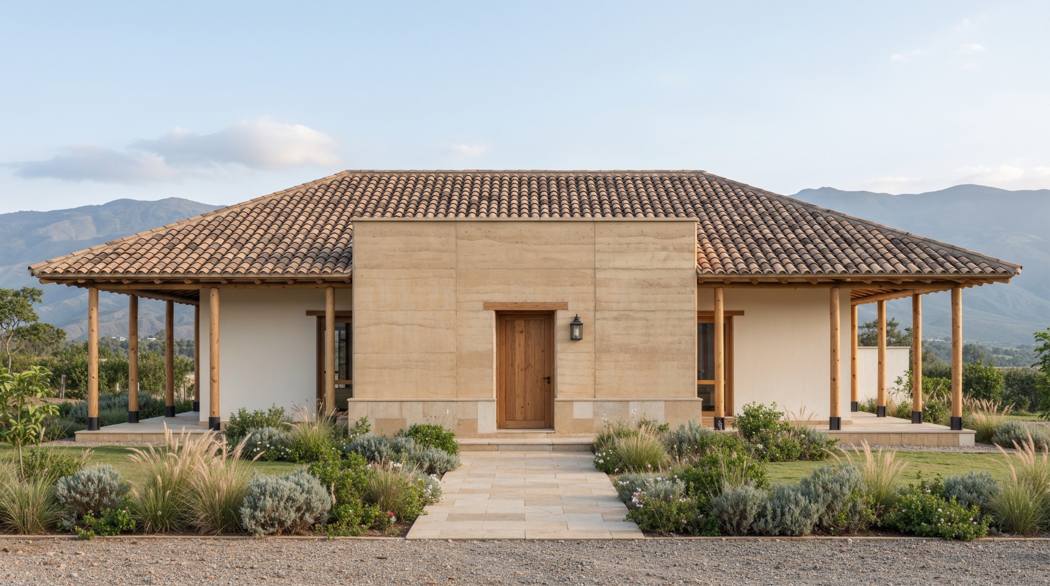 Fachada de casa rural con volumen central de tierra, zócalo de piedra, columnas de madera y jardín frente a la montaña.