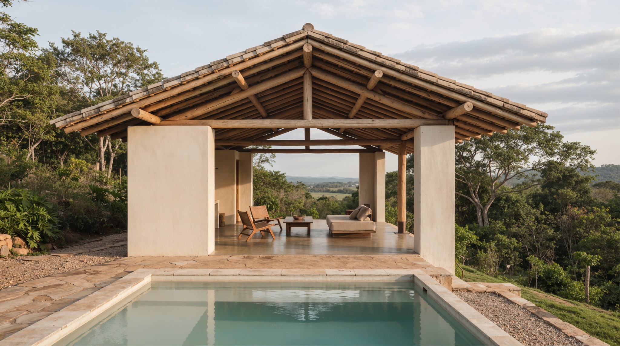 Pabellón abierto junto a una piscina con cubierta de teja, estructura de madera y vistas hacia un paisaje rural.