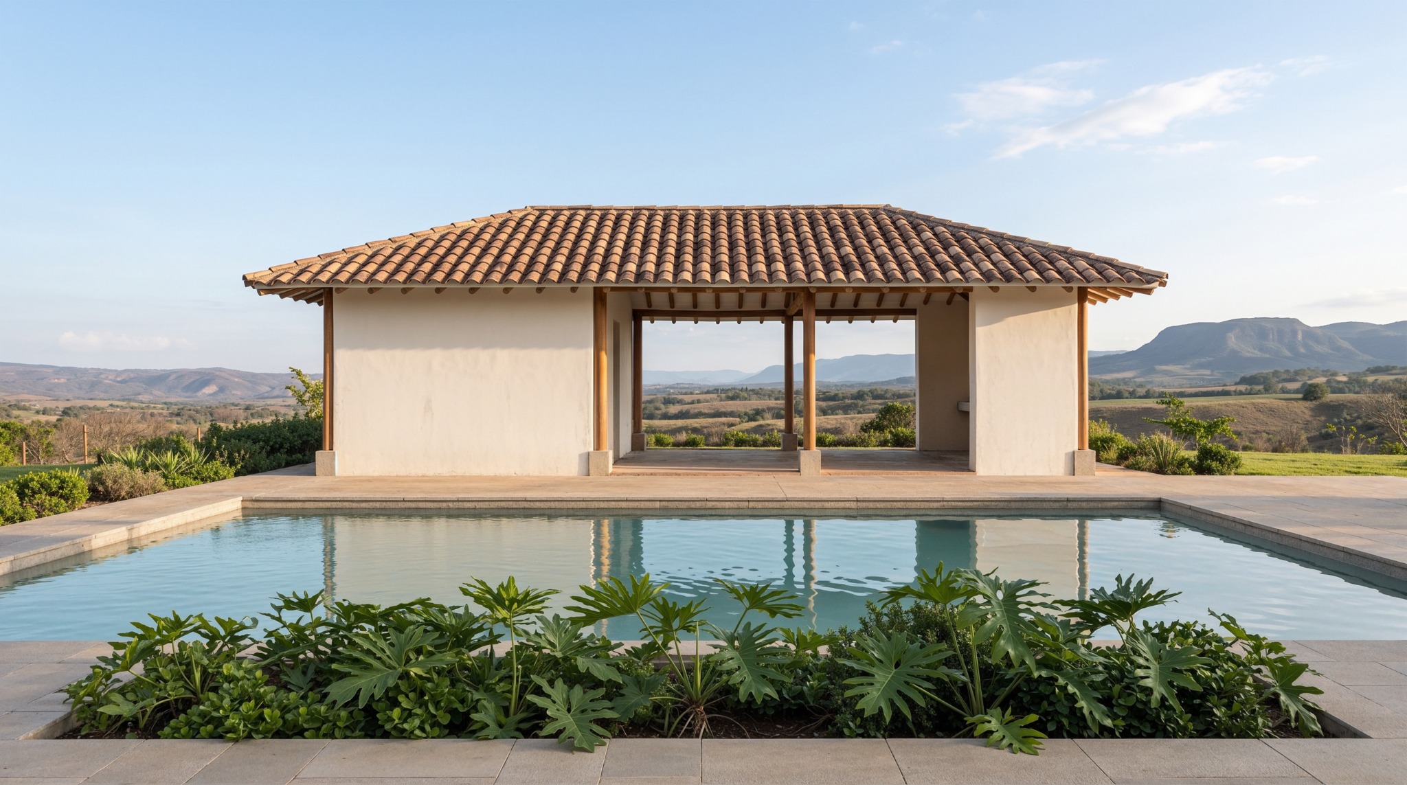 Piscina y pabellón rural de muros claros, cubierta de teja y estructura de madera abiertos hacia el paisaje.