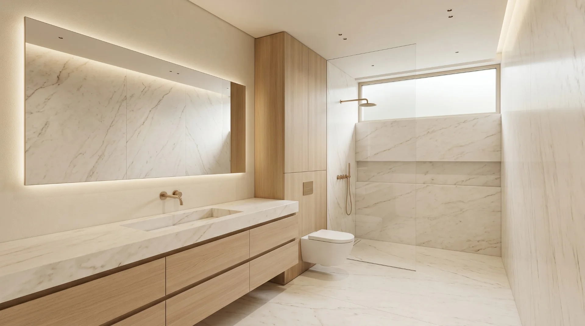 Baño secundario con mármol claro y espejo iluminado