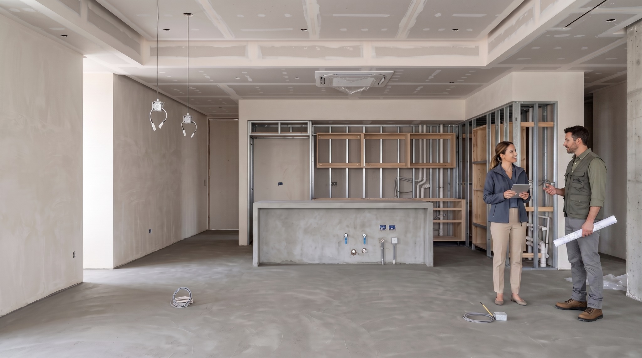 Espacio arquitectónico en obra con dos profesionales conversando al costado derecho