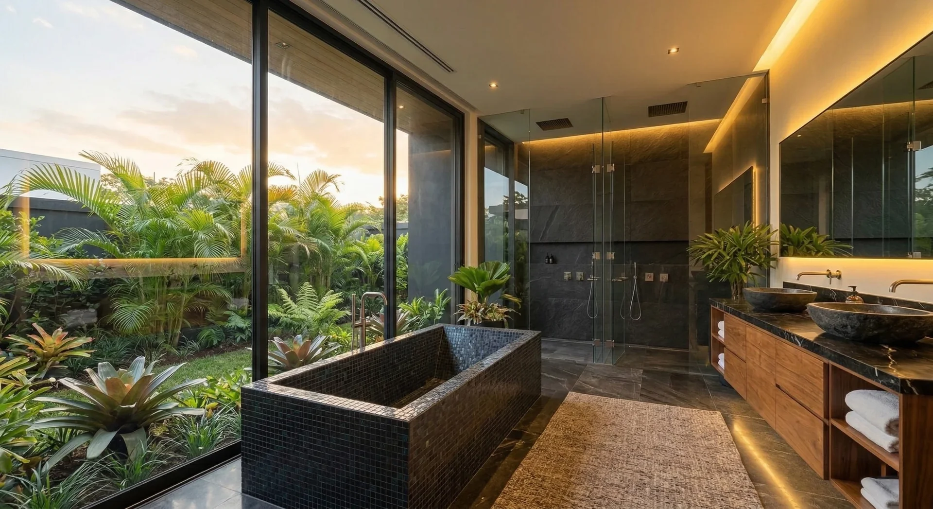 Baño auxiliar abierto a un jardín tropical
